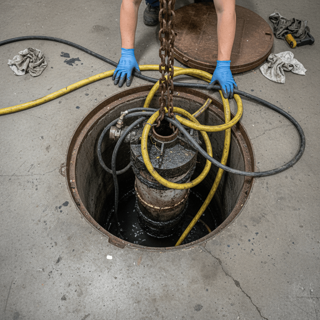 Techniker überprüft die Funktion einer Hebeanlage in einem Technikraum mit Taschenlampe und Messgerät