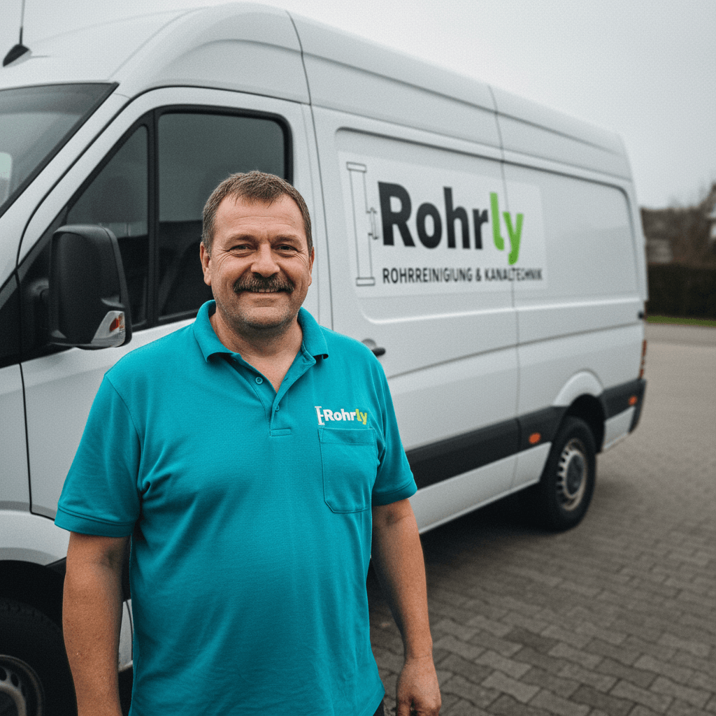 Techniker sortiert Reinigungsgeräte in einem Servicefahrzeug bei Tageslicht