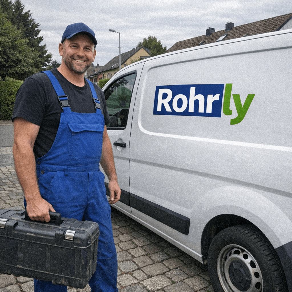 Monteur in Arbeitskleidung entnimmt eine Spirale aus dem Servicewagen vor einem Wohnhaus