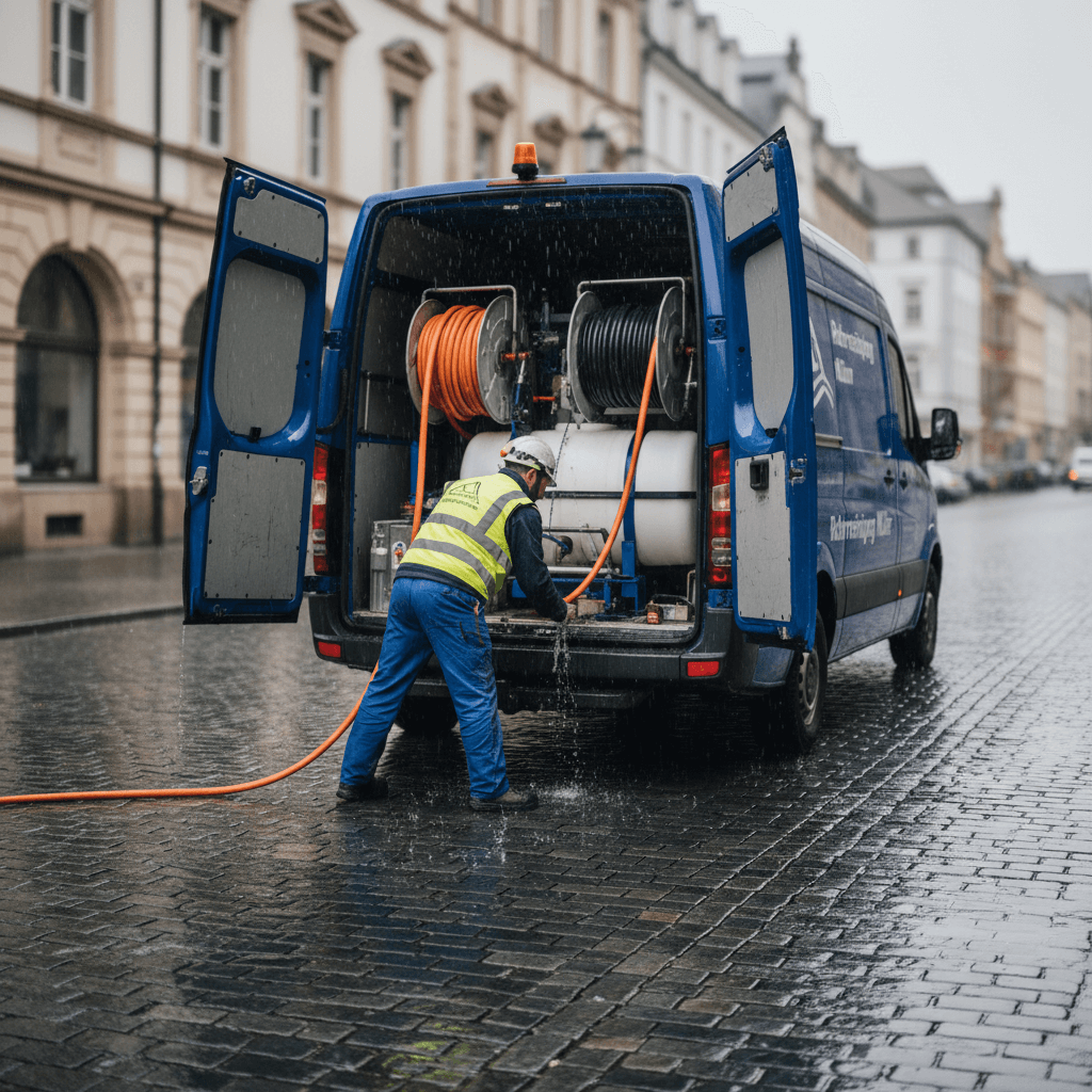 Hochdruckschlauch wird am Heck eines Spülfahrzeugs vorbereitet, daneben liegen verschiedene Düsenaufsätze