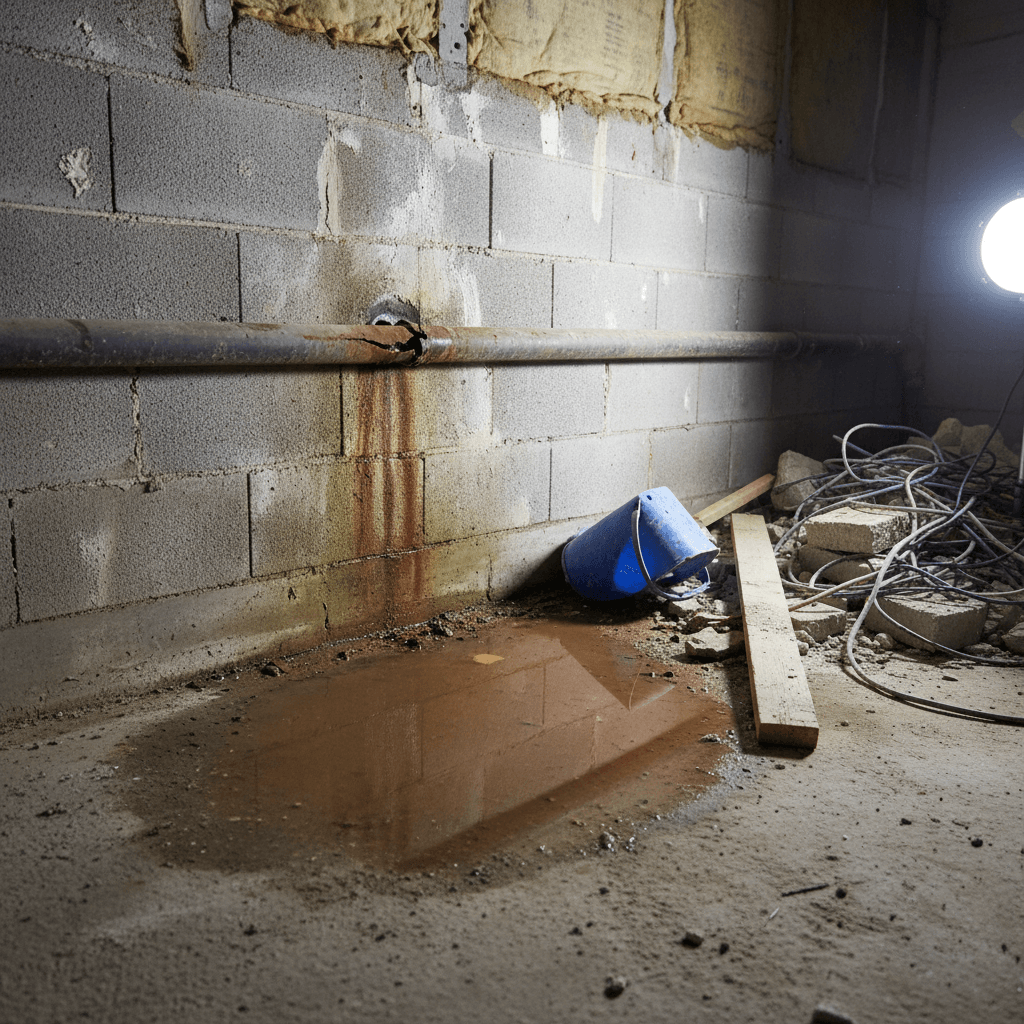Freigelegte Rohrstelle im Keller wird von einem Techniker mit Prüfgerät kontrolliert