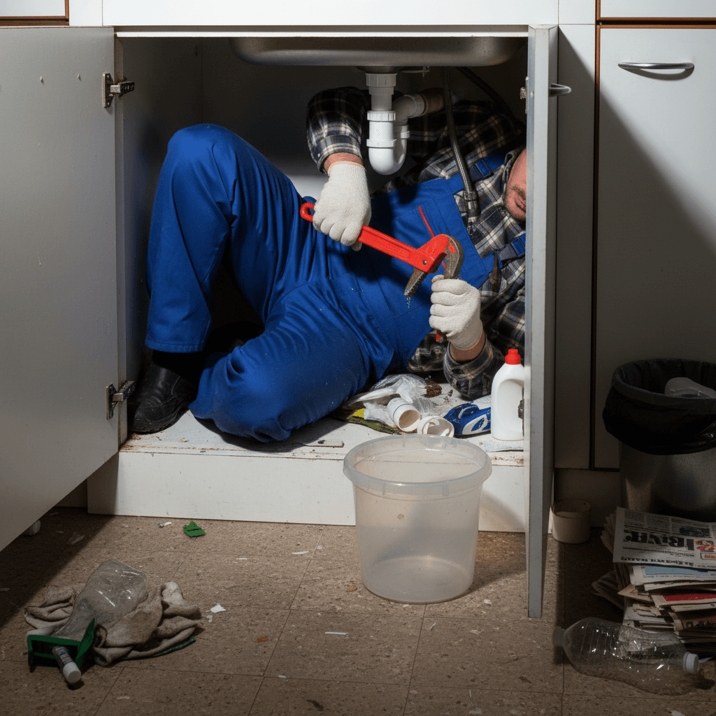 Monteur arbeitet unter einer Küchenspüle, ein Auffangbehälter und Werkzeug liegen auf einer Schutzfolie