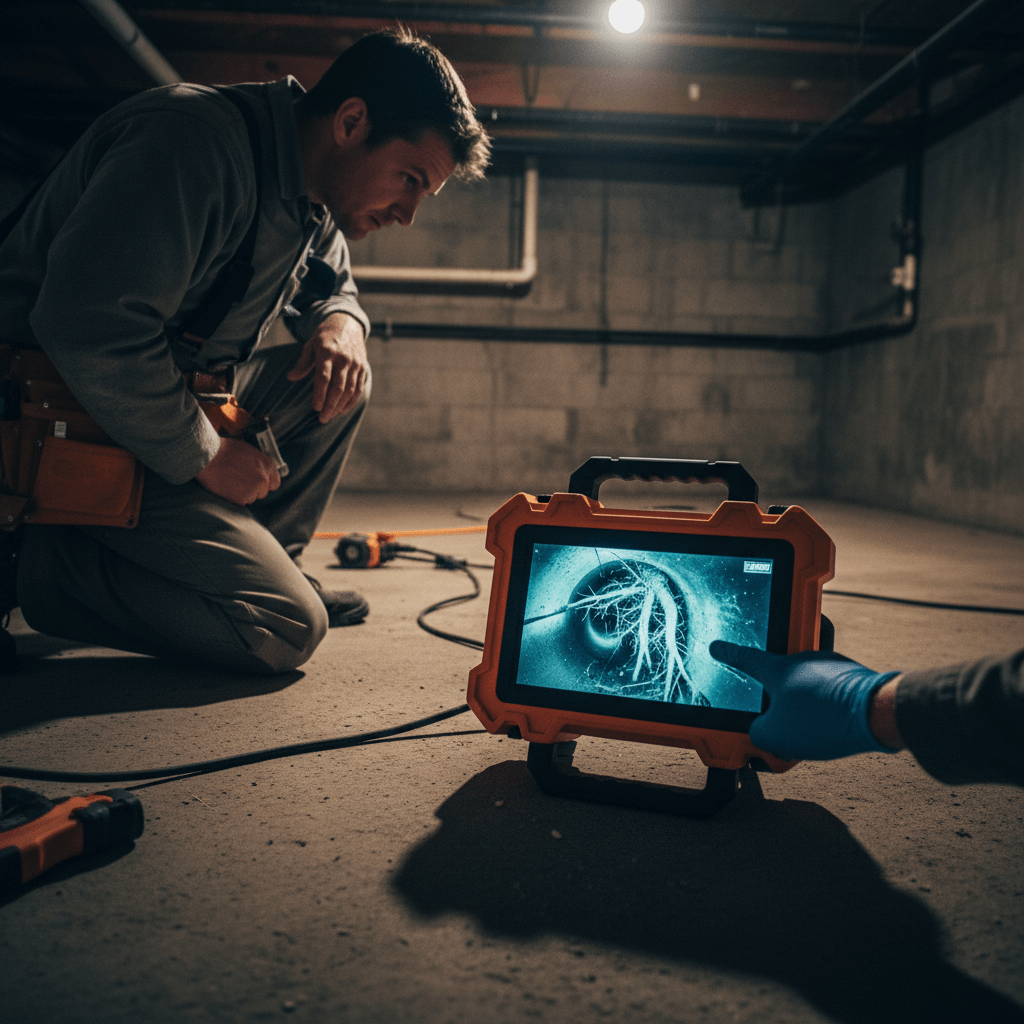 Auf einem Monitor ist die Innenansicht einer Rohrleitung zu sehen, daneben hält der Techniker die Kamerasteuerung